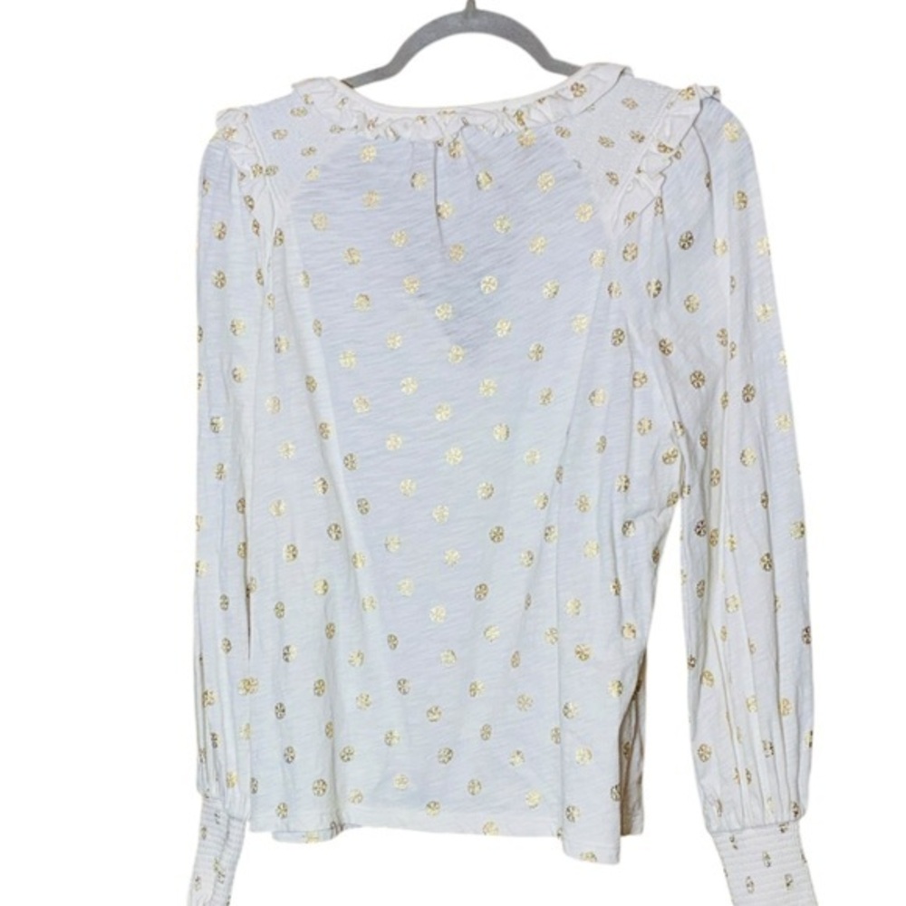 Boden Notch Neck Smocked Frill Top Ivory White Gold Dainty Foil Style T1034 - Picture 4 of 7
